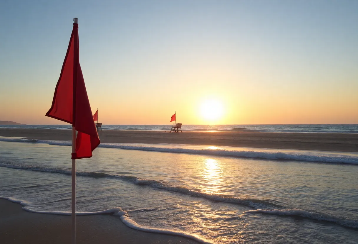 Lifeguard stands and warning flags on a beach signaling water hazards