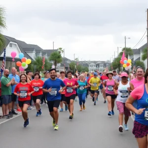 Participants running in the Beaufort 5K Firecracker Run with spectators cheering