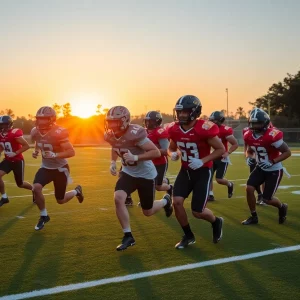 Beaufort Academy Eagles football team practicing on the field.