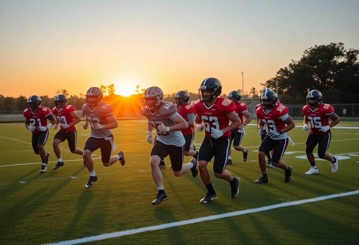 Beaufort Academy Eagles football team practicing on the field.