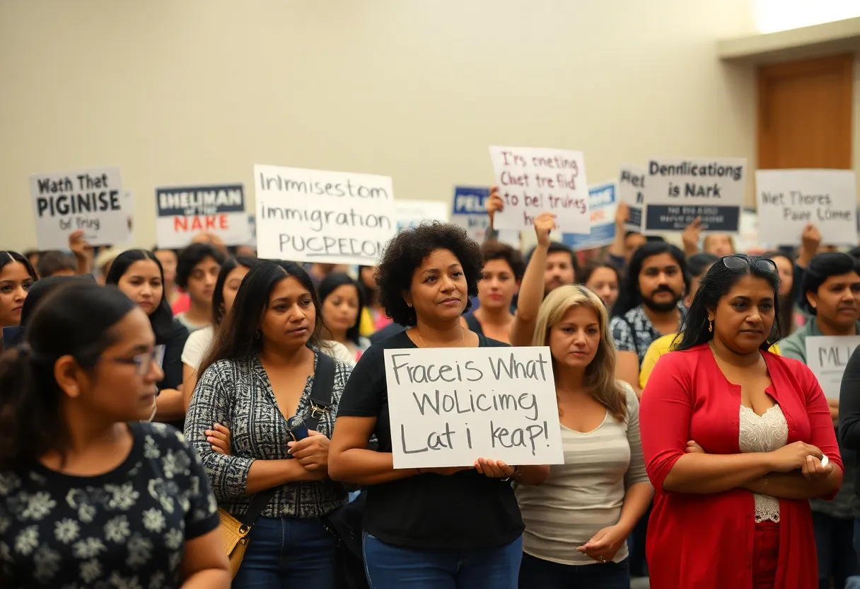 Community members discussing immigration concerns at a public meeting