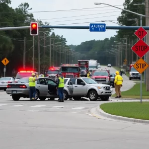 Emergency responders at a car accident scene in Beaufort County