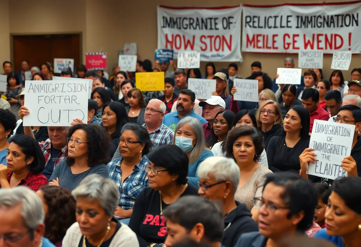 Residents protesting immigration enforcement at a community meeting