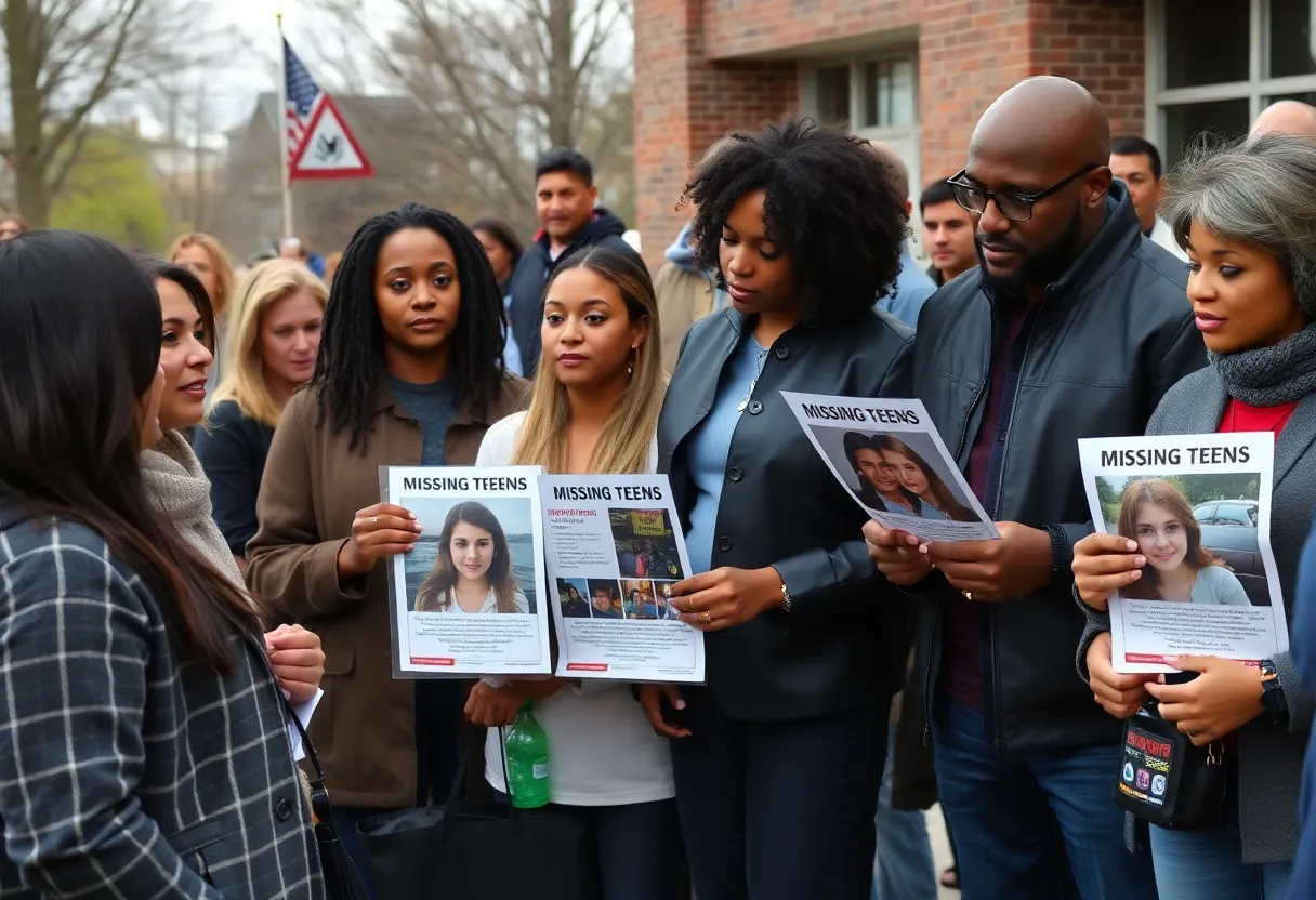 Community members gather to search for missing teenagers.