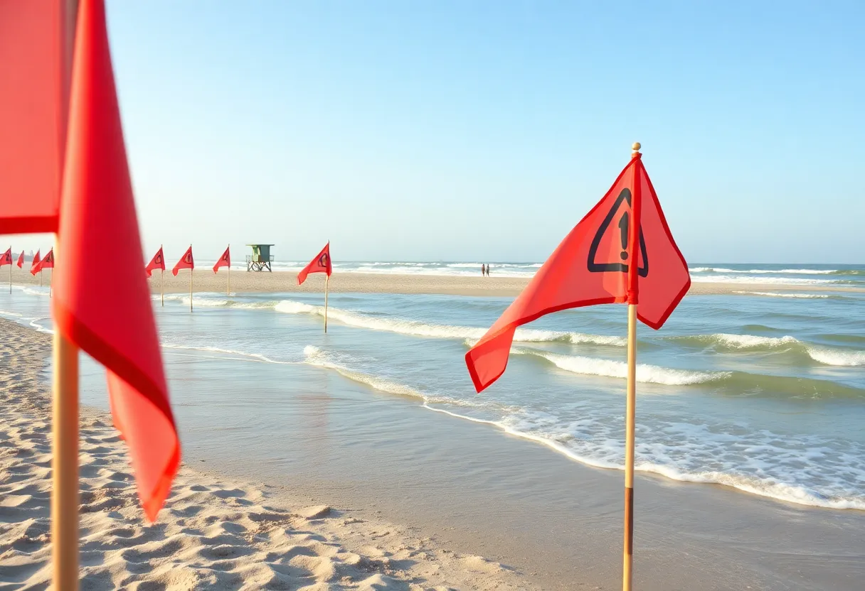 View of a beach with warning flags and rip currents.