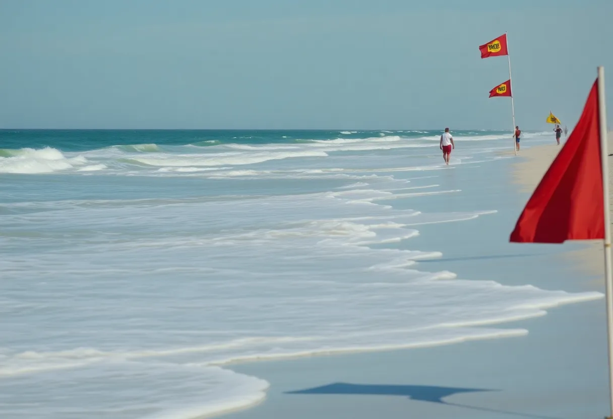 A beach with warning flags indicating rip current risks, showing lifeguards monitoring the area.