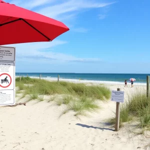 View of a beach in Beaufort County with safety warning signs