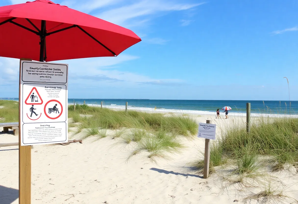 View of a beach in Beaufort County with safety warning signs