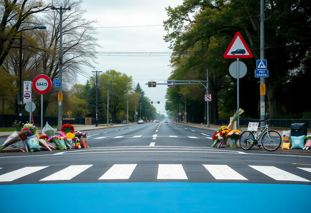 Memorial near a road highlighting pedestrian and cyclist safety