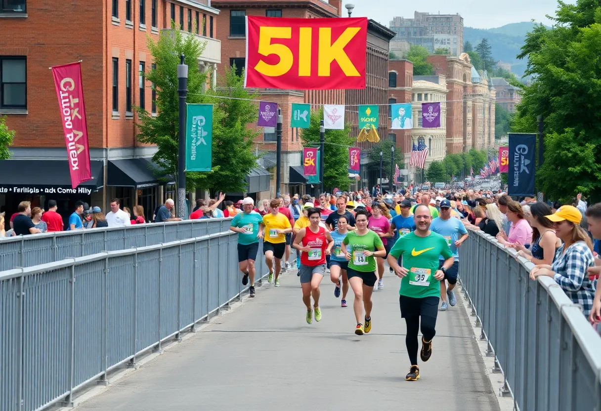 Runners participating in the Beaufort Firecracker 5K Run crossing the Woods Memorial Bridge.