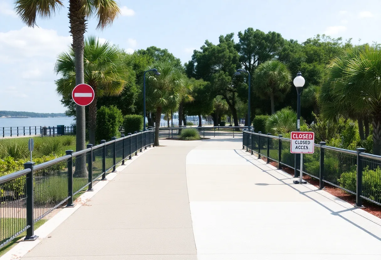 View of closed Beaufort promenade with warning signs