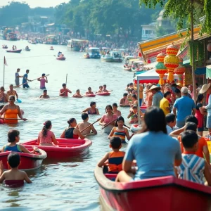 A lively scene from the Beaufort Water Festival with families enjoying activities and food.
