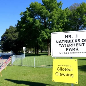 Closed section of Henry C. Chambers Waterfront Park with safety barriers