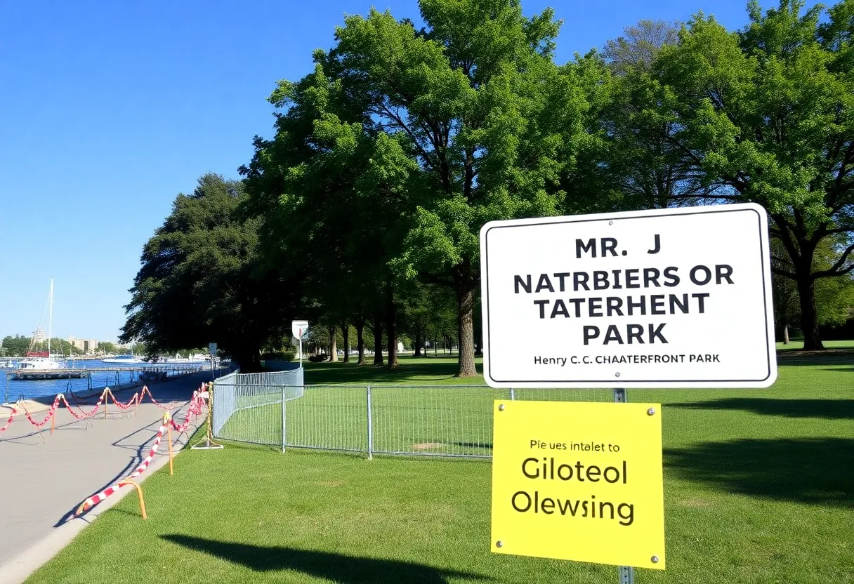 Closed section of Henry C. Chambers Waterfront Park with safety barriers