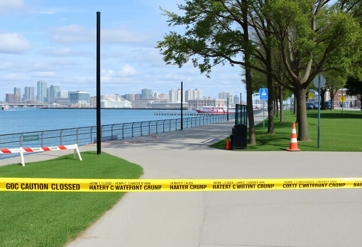 Caution tape and barriers at Beaufort Waterfront Park