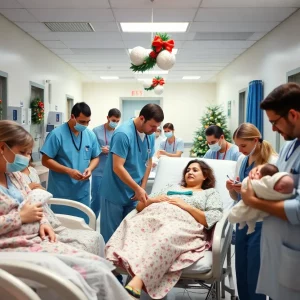 Celebration at Beaufort Memorial Hospital with healthcare professionals and newborns.