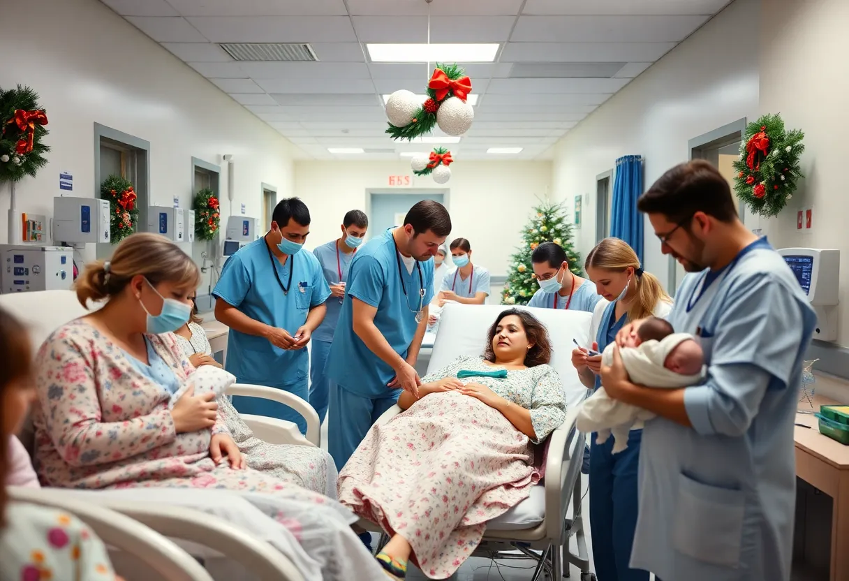 Celebration at Beaufort Memorial Hospital with healthcare professionals and newborns.