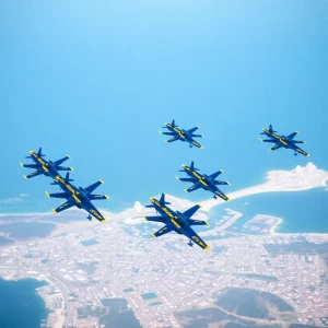U.S. Navy Blue Angels performing aerial maneuvers in a coastal sky.