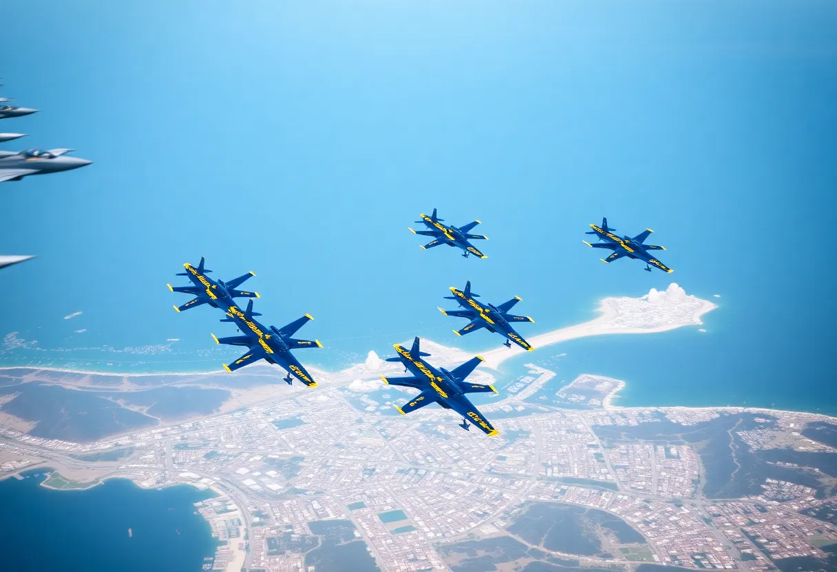 U.S. Navy Blue Angels performing aerial maneuvers in a coastal sky.