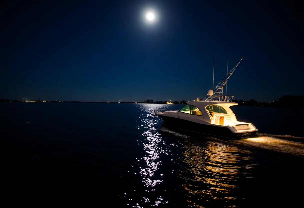A boat on the Intracoastal Waterway at night under the moonlight