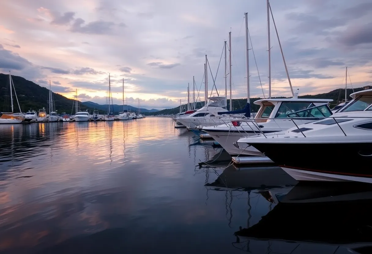 A peaceful waterway scene with a recreational boat during sunset.