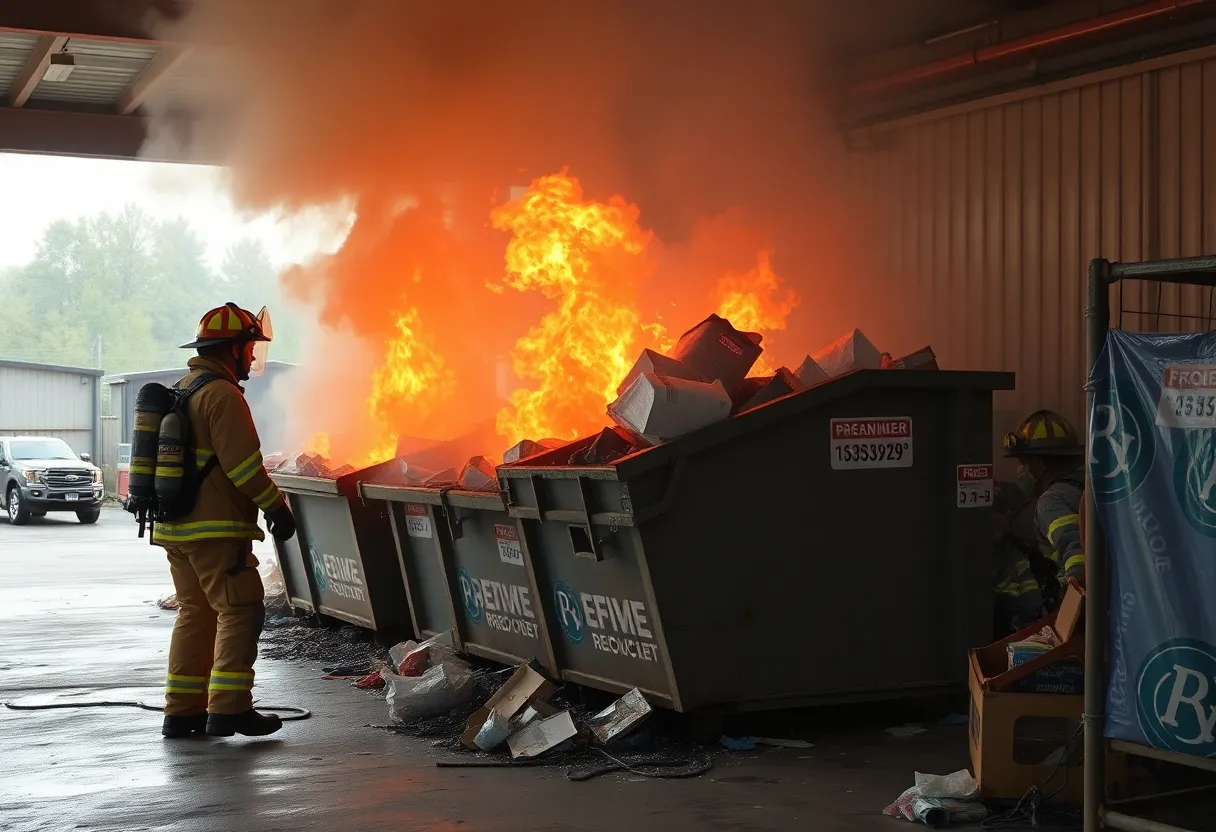 Firefighters extinguishing a dumpster fire caused by lithium batteries