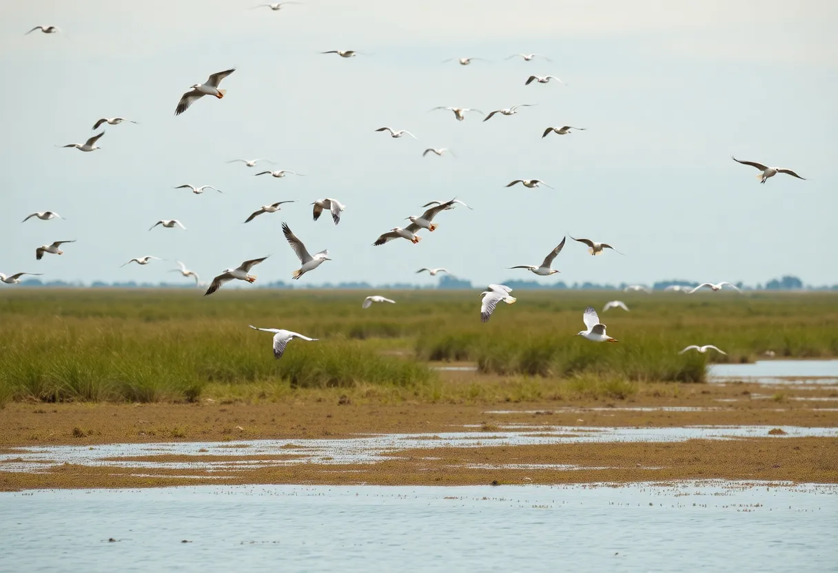 Birds flying over a coastal salt marsh with educational signage and bird feeders