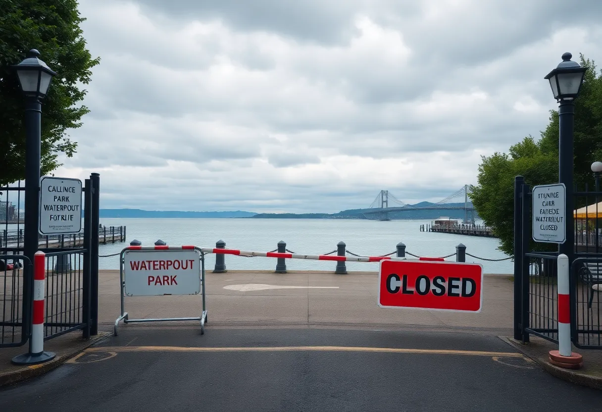 View of closed Henry C. Chambers Waterfront Park with barriers.