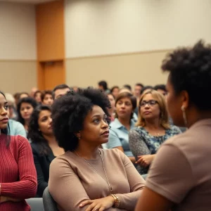 Community members discussing the 287(g) immigration program proposal at a public meeting.