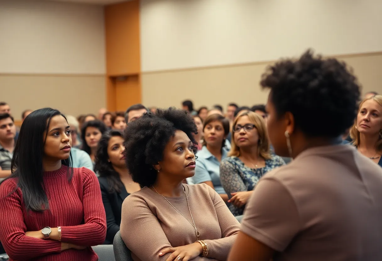 Community members discussing the 287(g) immigration program proposal at a public meeting.