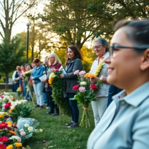 Community members gather to remember Adrian Gardner with flowers and trees.