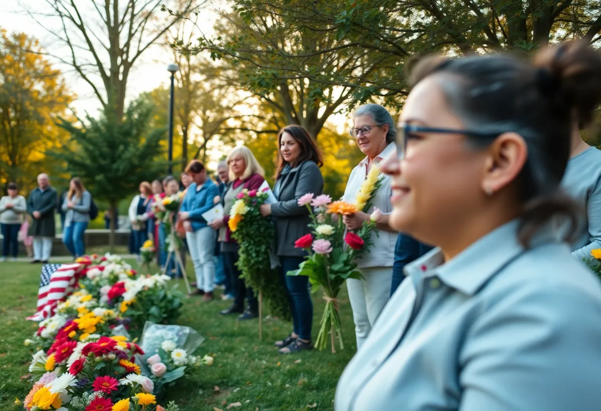 Community members gather to remember Adrian Gardner with flowers and trees.