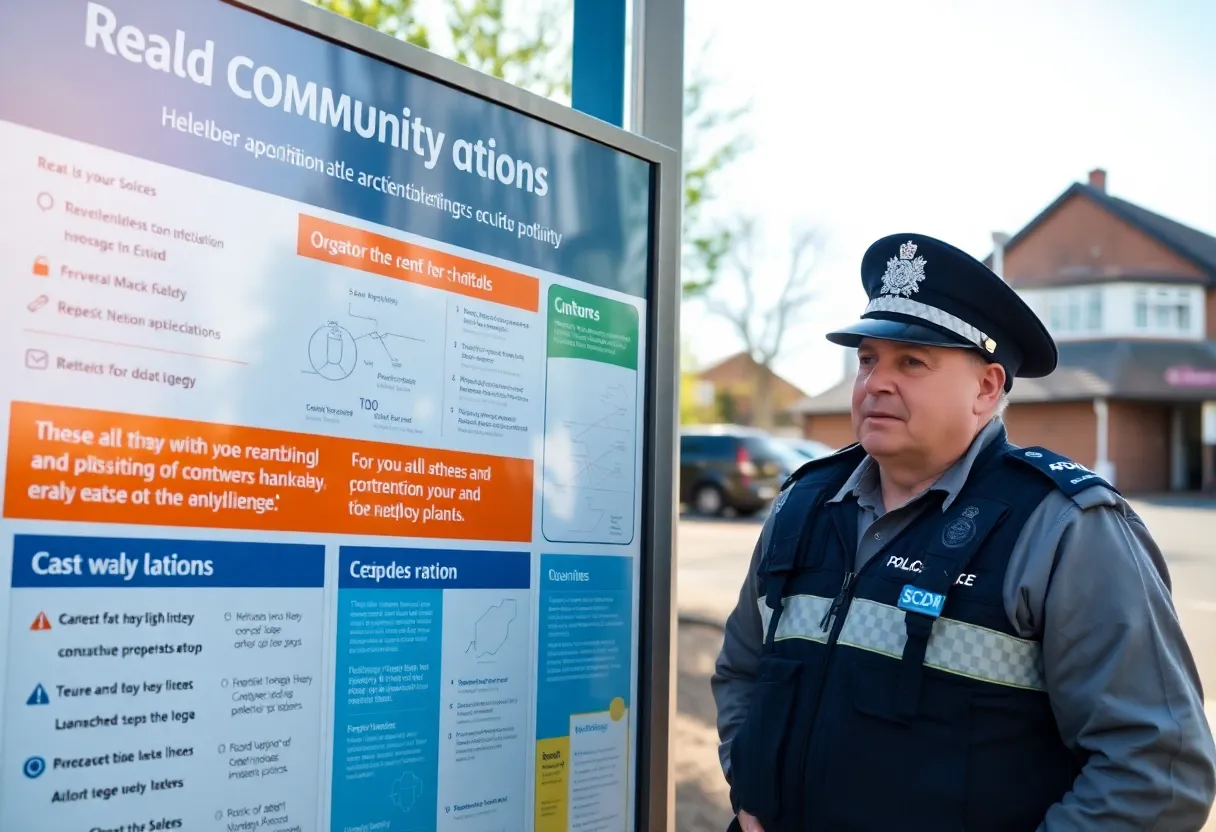 Community safety notice board with information on local law enforcement and registration laws.