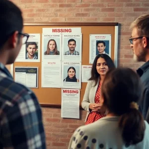 Community members discussing missing person case with flyers