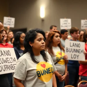 Residents at a council meeting discussing Pine Island development proposal