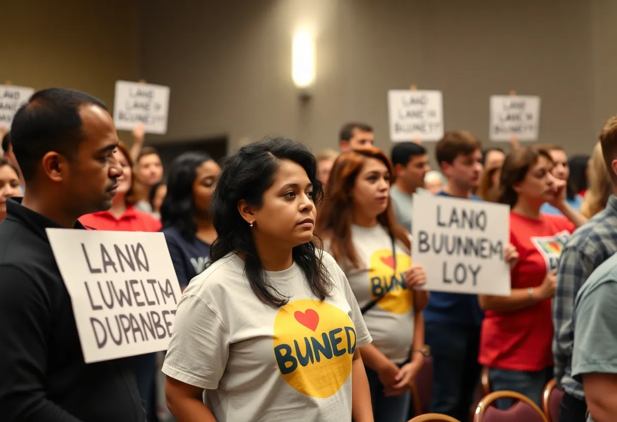 Residents at a council meeting discussing Pine Island development proposal
