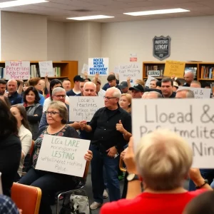 Community members at a public meeting discussing immigration enforcement