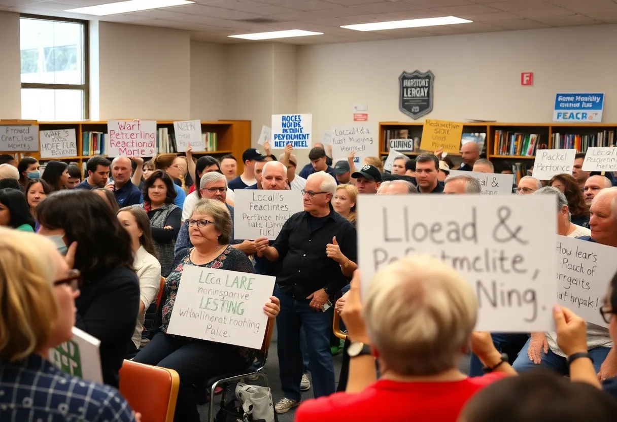 Community members at a public meeting discussing immigration enforcement