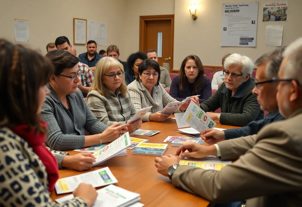 Council members discussing safety concerns with pamphlets on the table