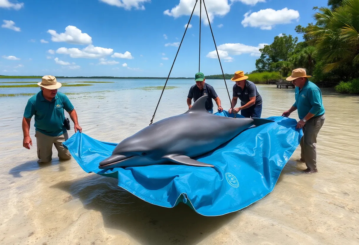Firefighters conducting a dolphin rescue in a lagoon