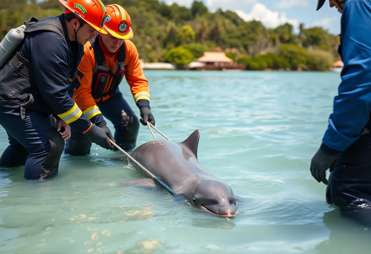 Rescue team assisting a stranded dolphin in a lagoon