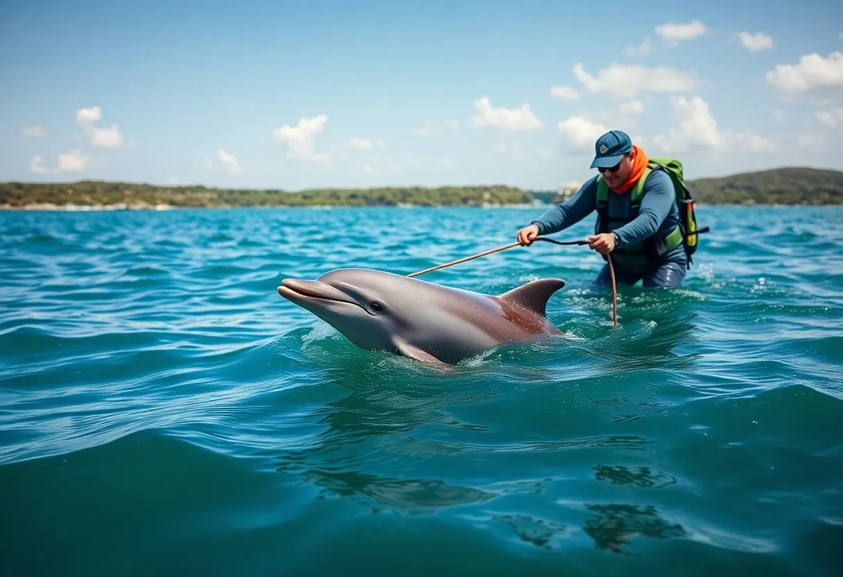 Rescuers guiding a dolphin back to open waters