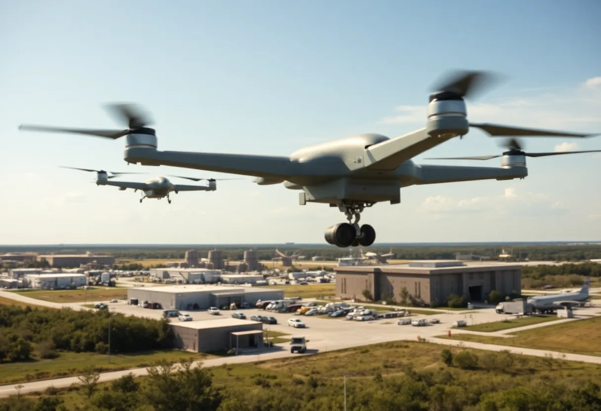 Drones flying over a military installation in South Carolina.