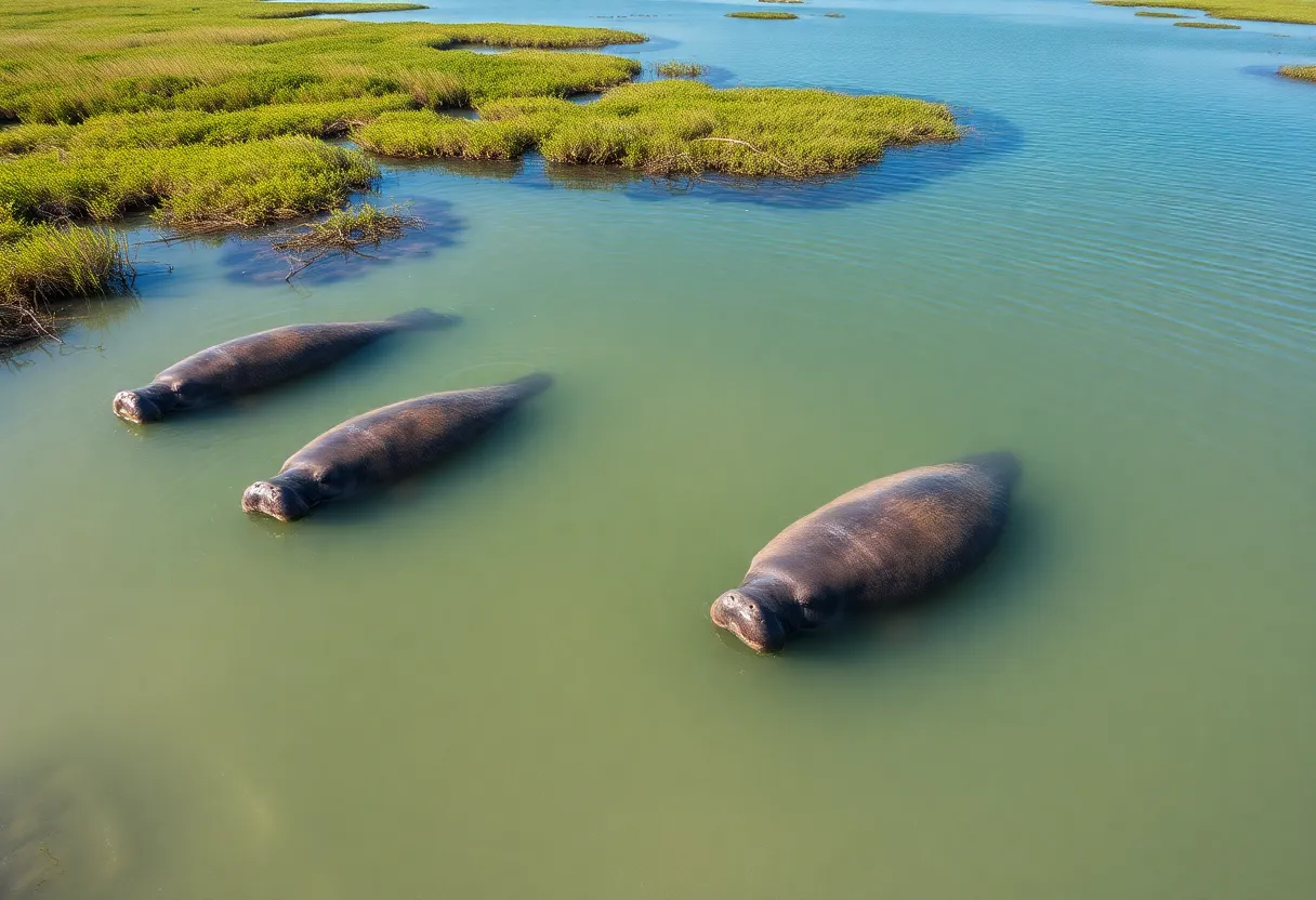 Florida manatees swimming in shallow coastal waters