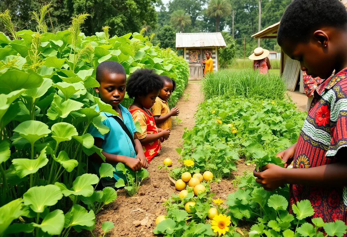Children participating in agricultural education at a community farm.