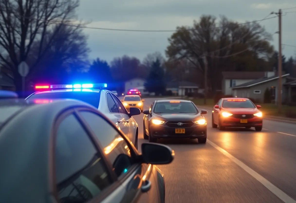 Scene of a police chase with flashing lights
