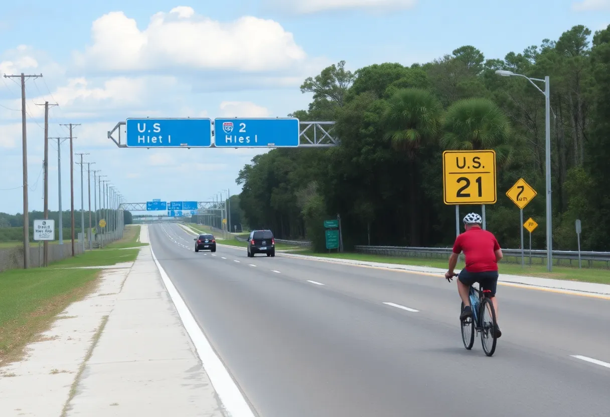 A view of U.S. Highway 21, showcasing road safety concerns for cyclists.