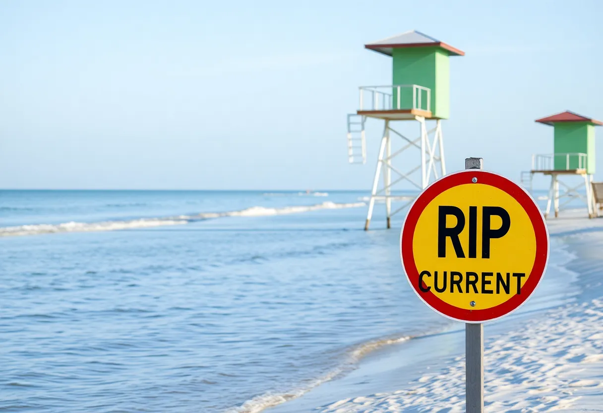 Sunset at Hilton Head Beach with warning flags
