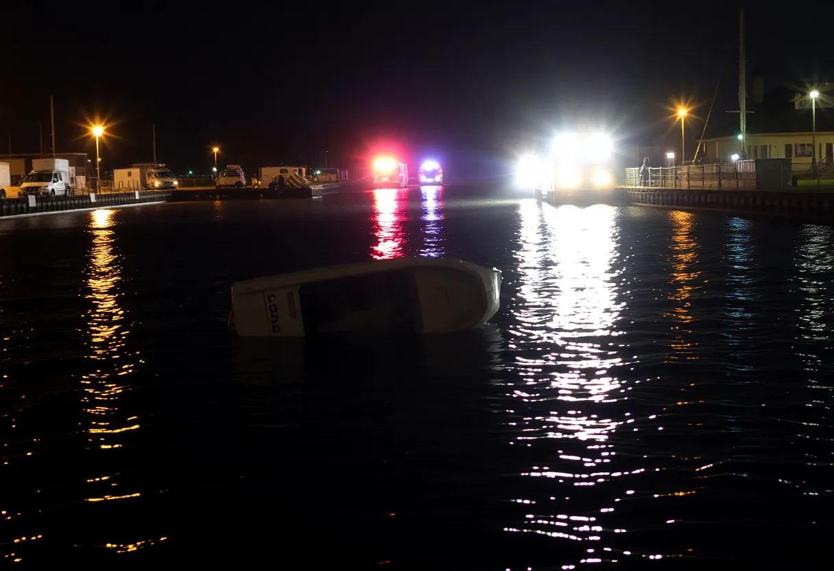 An overturned boat in a serene waterway at night with emergency responders nearby.