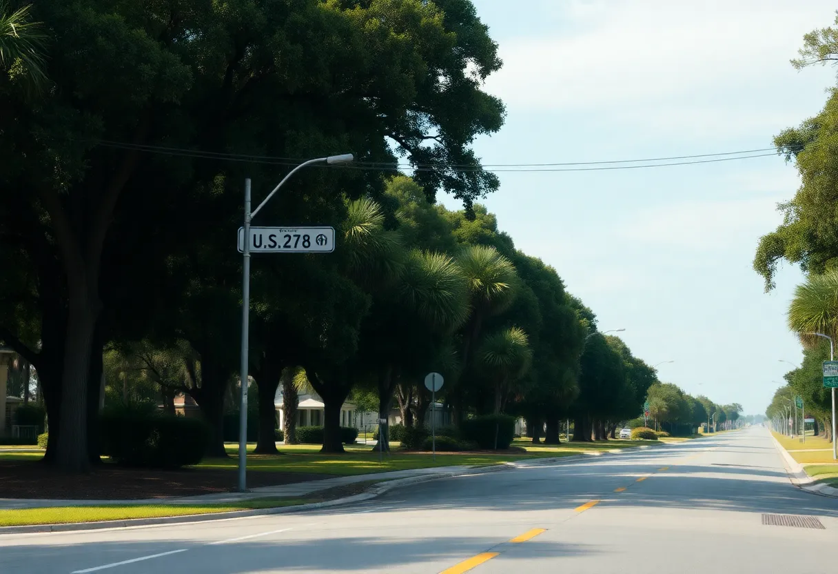 Peaceful intersection on Hilton Head Island showing trees and a quiet roadway